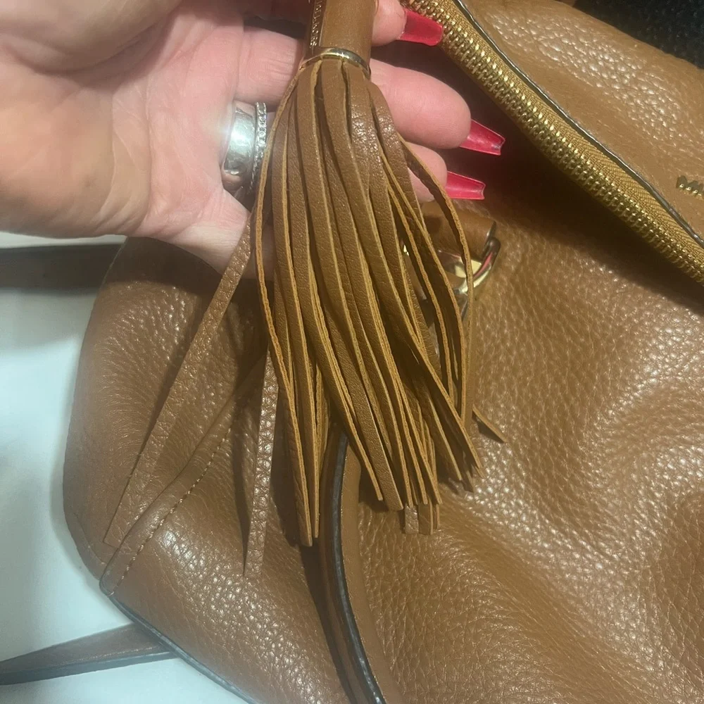 Michael Kors Cognac Pebbled Leather Fold Over Satchel with Tassel - Picture 6 of 8